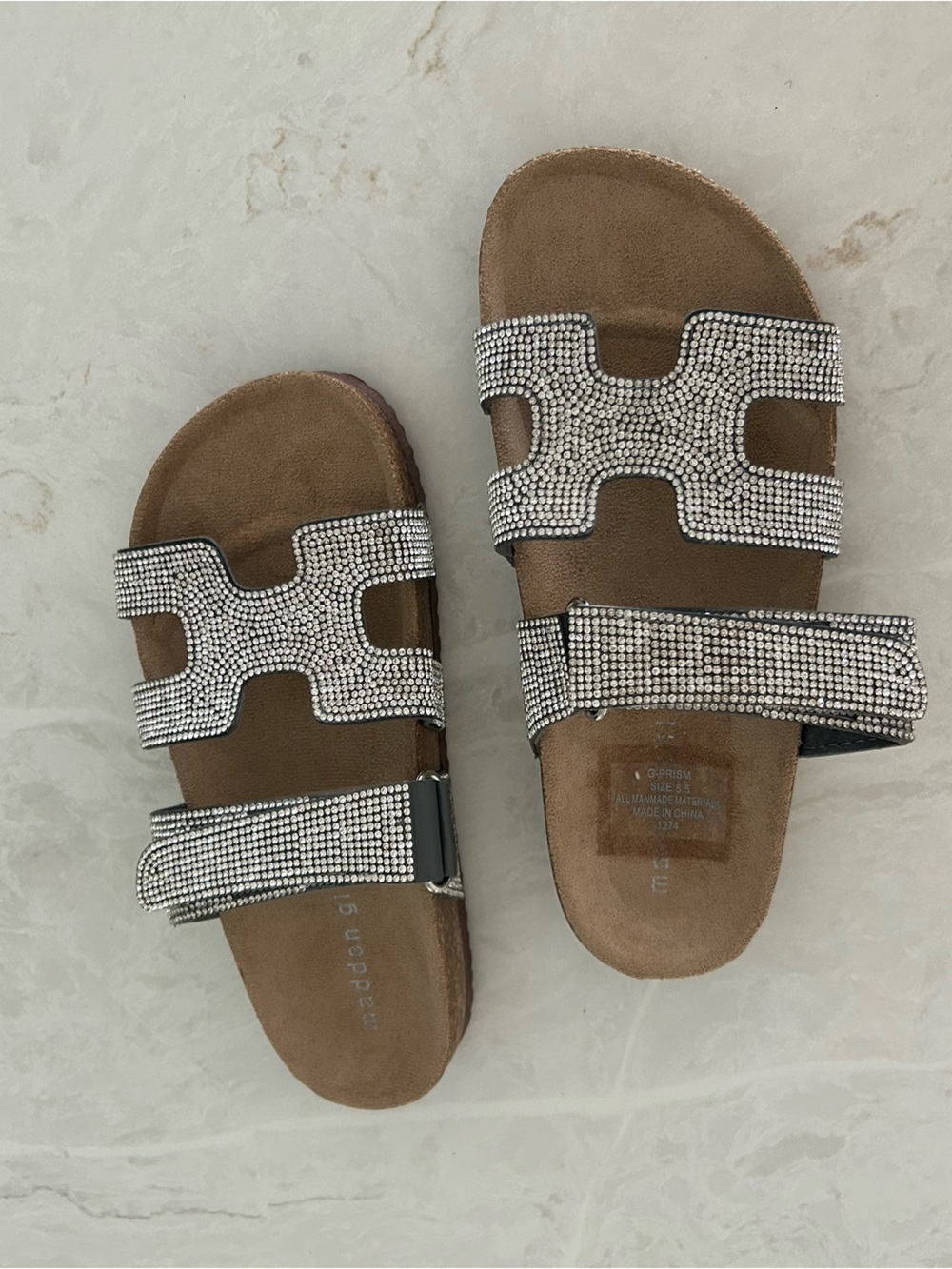 Madden Girl Brown Slide Sandals with Silver Crystal Straps